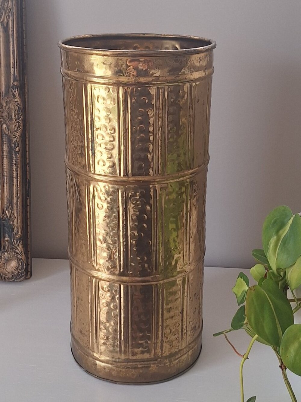 Vintage brass umbrella holder ( has dents & tarnish) or large vase